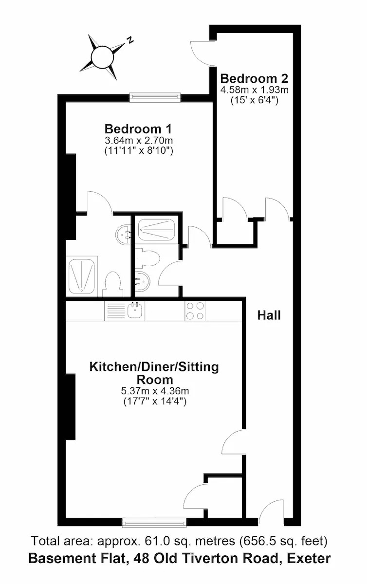 plan of Basement Flat, 48 Old Tiverton Road, Exeter, DEVON EX4 6NG