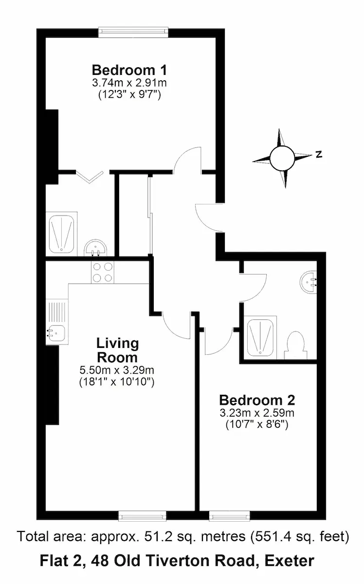 plan of Flat 2, 48 Old Tiverton Road, Exeter, DEVON EX4 6NG